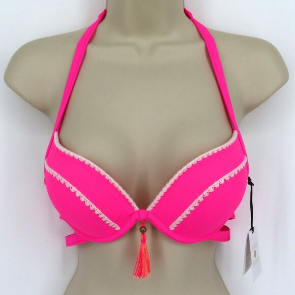 Shade & Shore Womens 34B Neon Pink Embroidered Trim Tassel Halter Bikini Top NEW - Picture 9 of 9